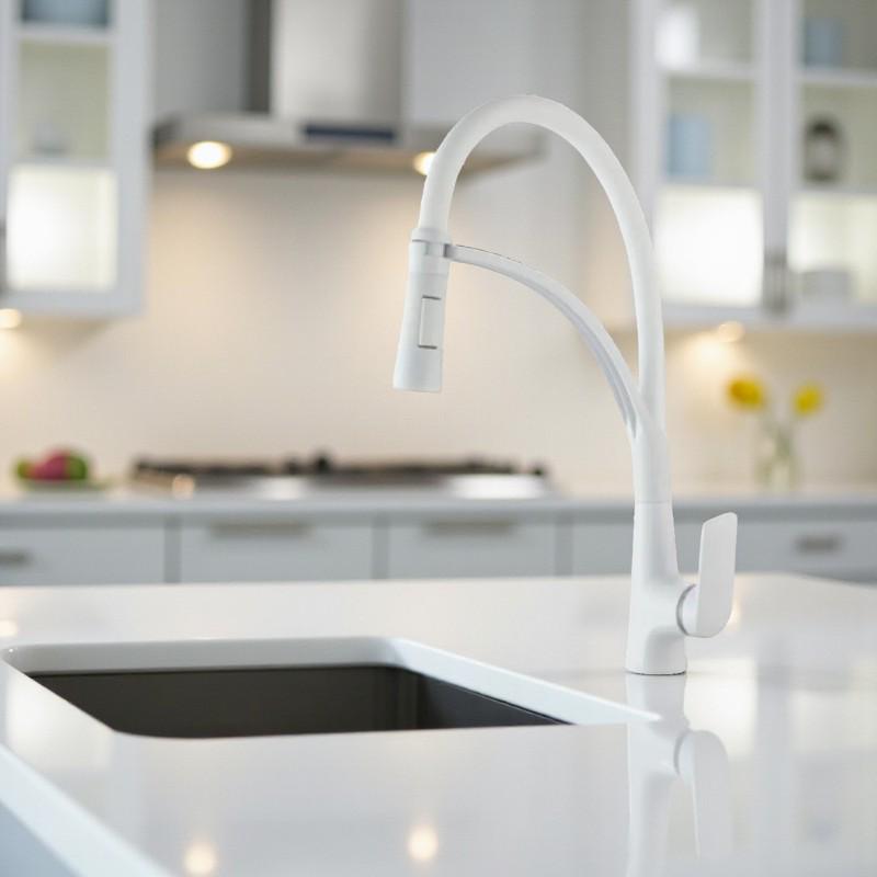 Смеситель для кухни PLAMIX LUCAS-017 с гибким изливом высокий однорычажный пластик Белый (b-PM0716) - фото 2