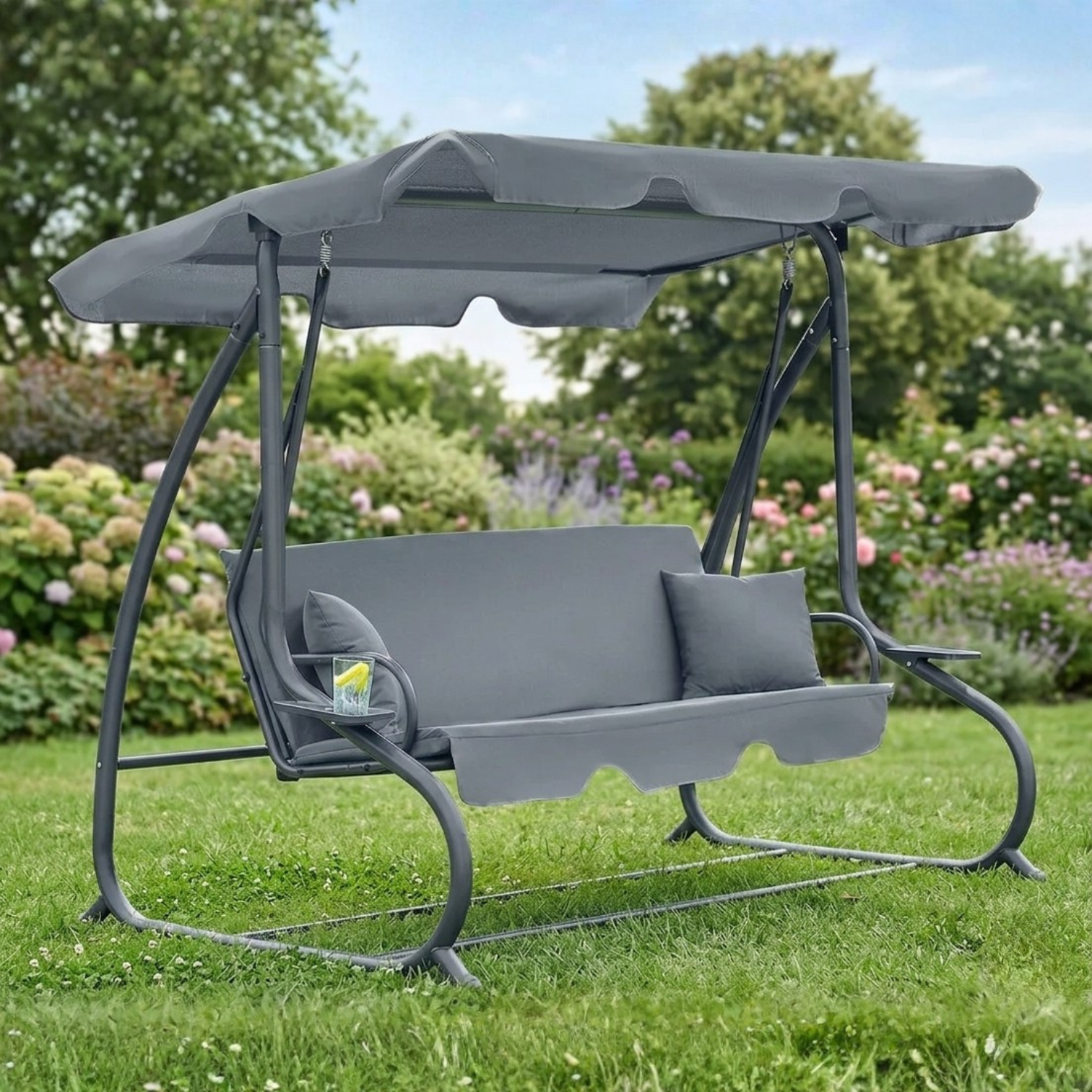 Качеля трехместнная садовая с регулируемой крышей Relax Plus FunFit 2в1 с навесом 2 подушки и 2 подставки Серый (1604 7)