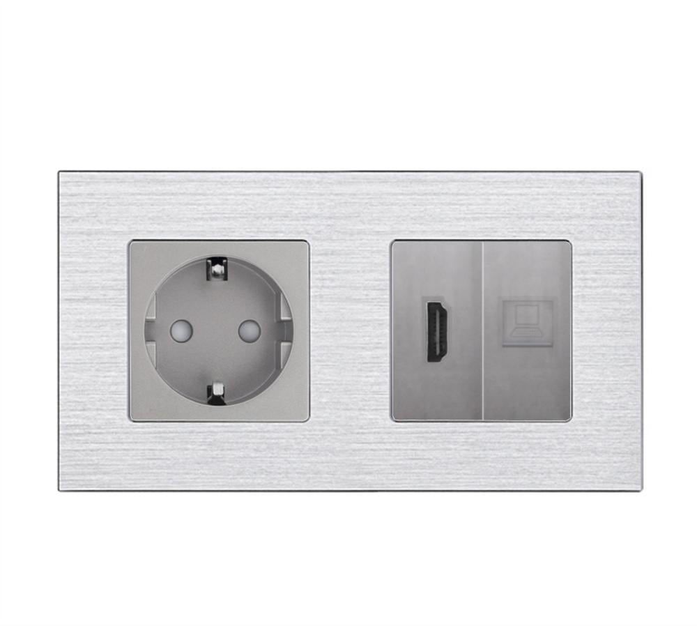 Розетка настенная WALLPAD с HDMI/интернет портом RJ-45 дизайнерская алюминиевая рамка Серый (WP-M2FHDMICAT6-GY)
