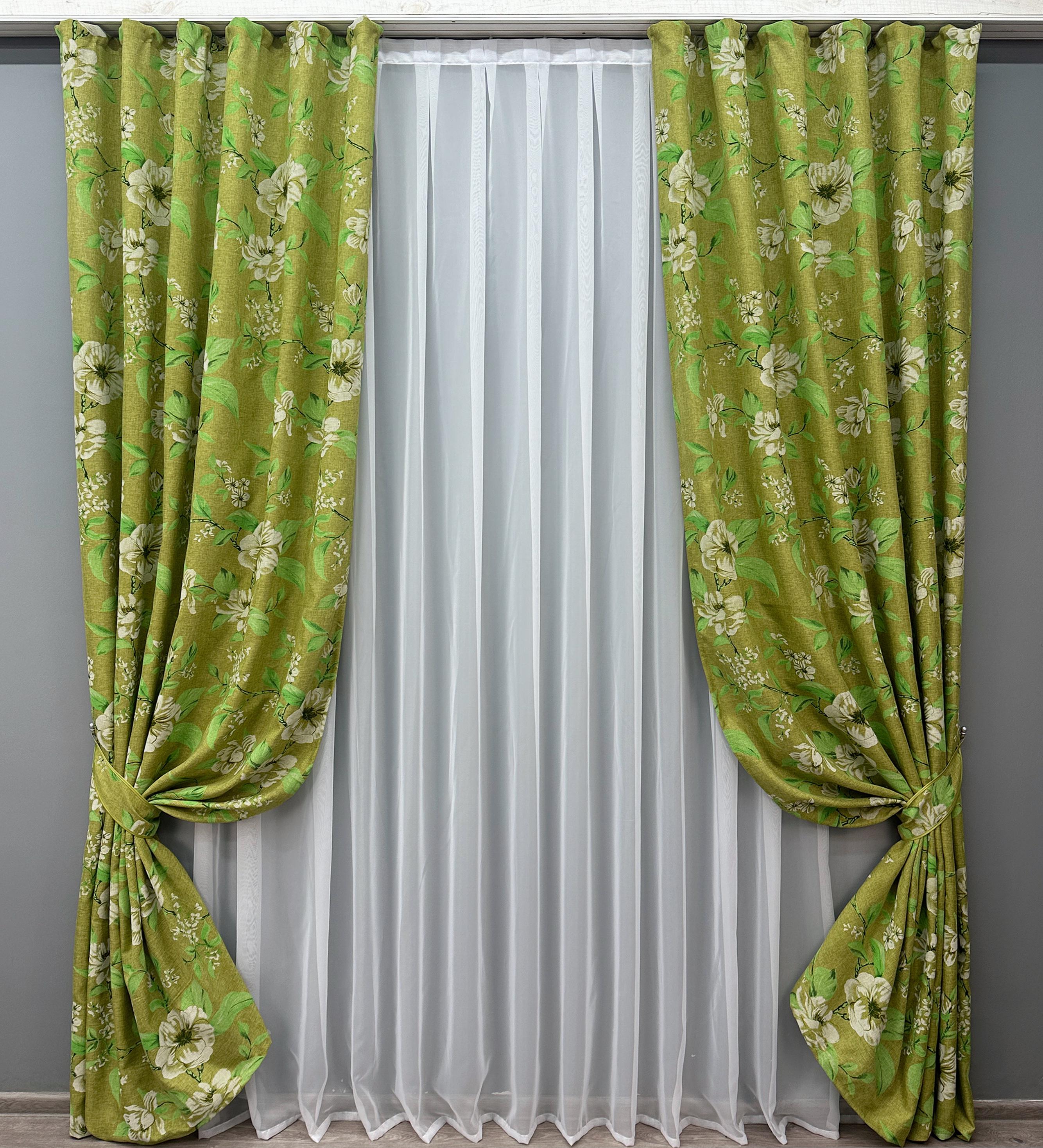 Комплект готовых штор VR-Textil Лен Прованс с цветочным принтом №1726ш 150х270 см 2 шт. Оливковый (33-0636)