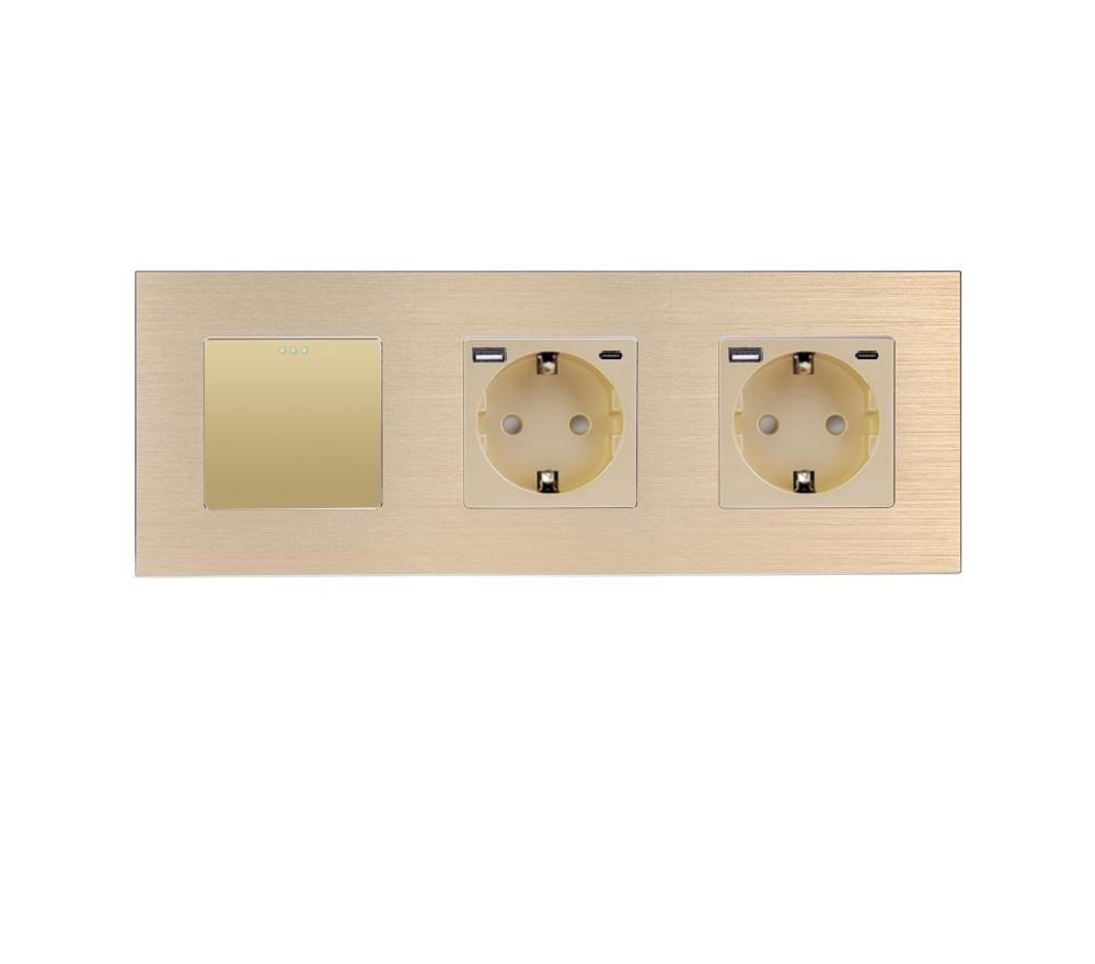 Выключатель перекрестный WALLPAD с двумя розетками USB A+C 20Вт с заземлением/защитными шторками алюминий Золотой