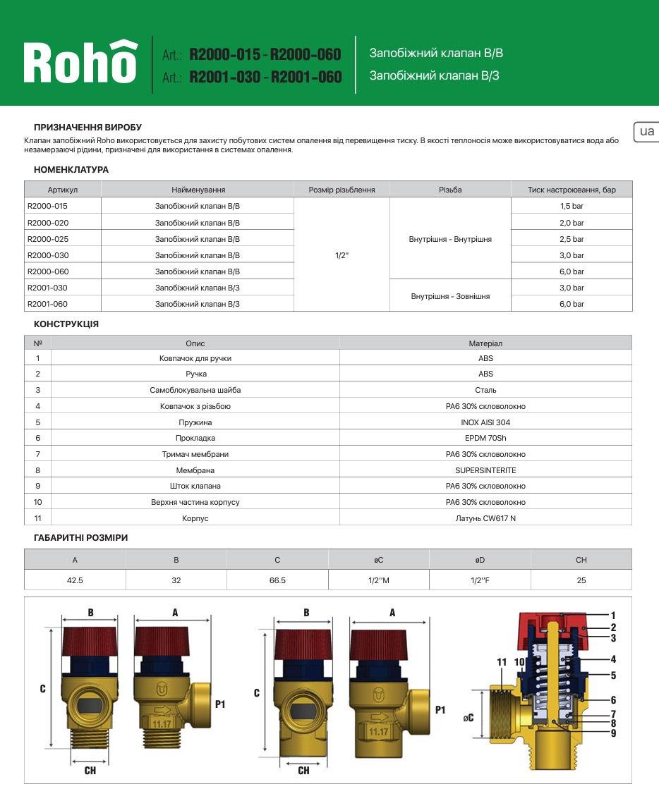 Предохранительный клапан Roho RO0172 1/2" 6 бар (125539) - фото 4