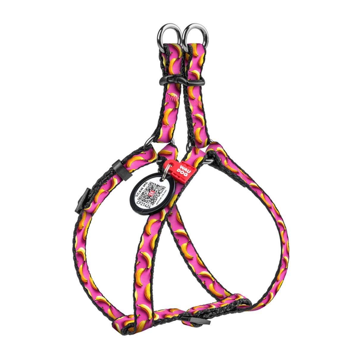 Шлея для кошек/мелких пород собак Waudog Nylon Бананы с QR паспортом/пластиковым фастексом XS 10 мм х 28-40 см Розовый (319-4055 Col)