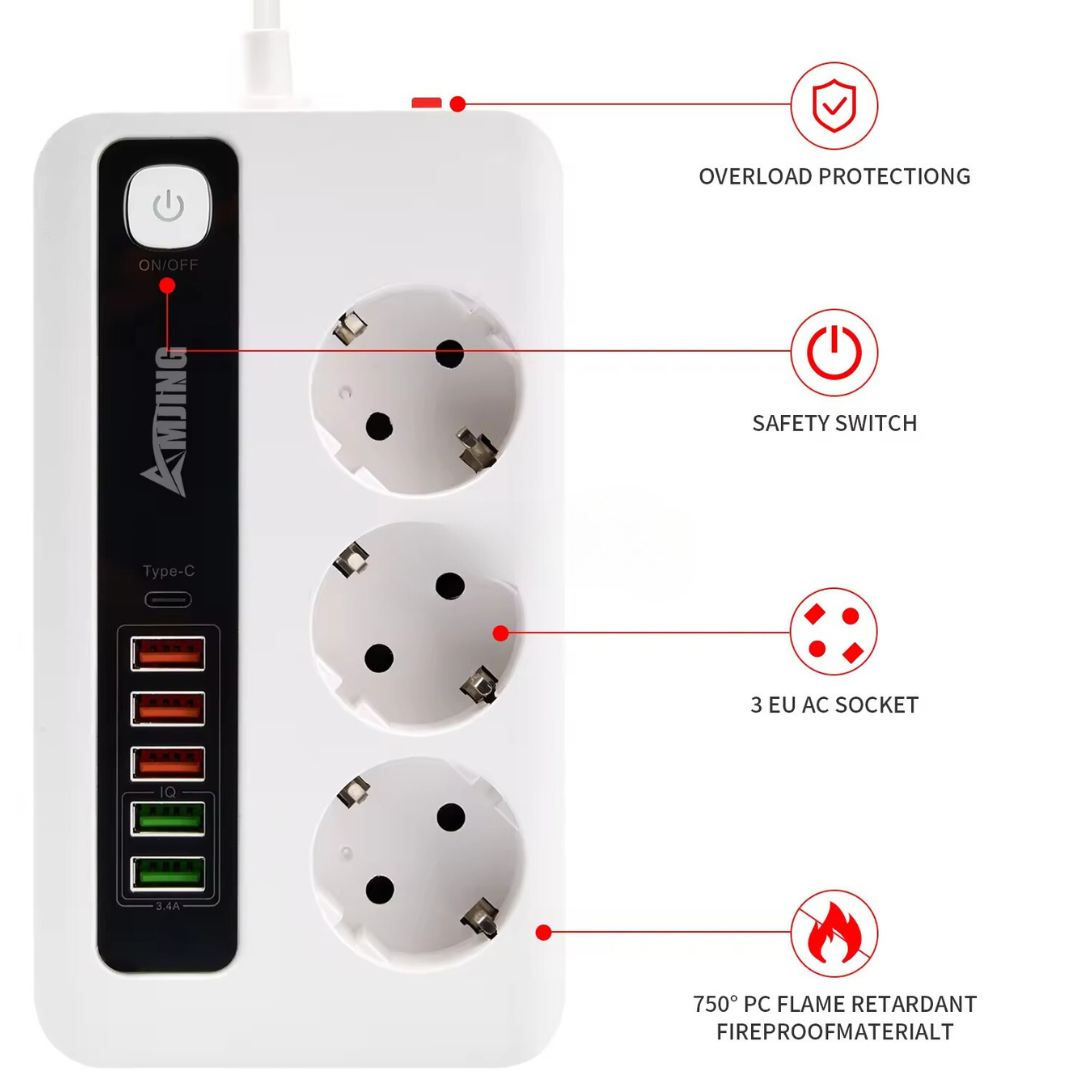 Фільтр мережевий BKL-04 на 3 розетки 1 Type-C/5 USB 100-250V 10А Білий - фото 3