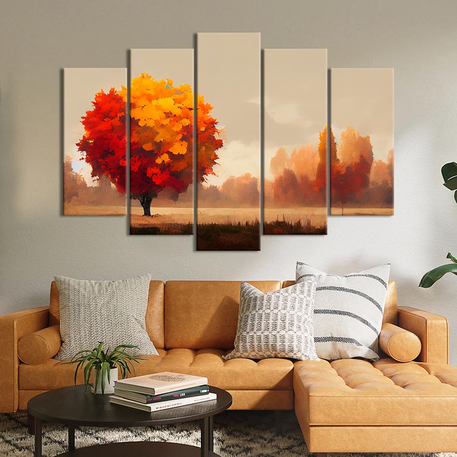 Картина на полотні Яскраве осіннє дерево на тлі коричневого лісу 137x85 см (V436-5_L)