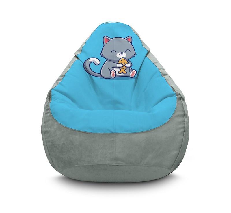 Крісло мішок iPuff Cute cat With Fish Флок XXL 90х125 см Сірий