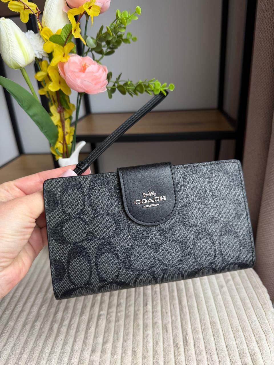 Гаманець книжка з відділенням для телефону Long Zip Around Wallet Case In Signature Canvas натуральна шкіра Чорно-сірий