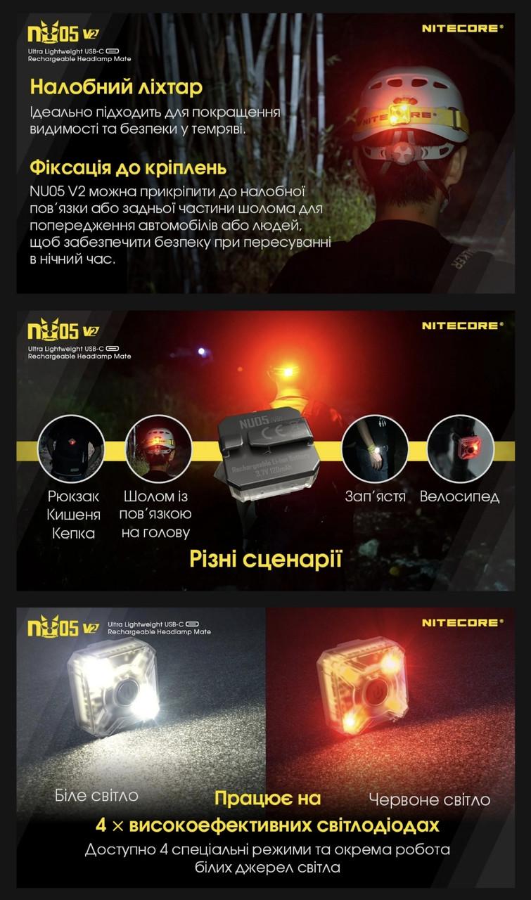 Фонарь налобный/велосипедный маяк Nitecore NU05 KIT V2 2в1 (011403) - фото 7