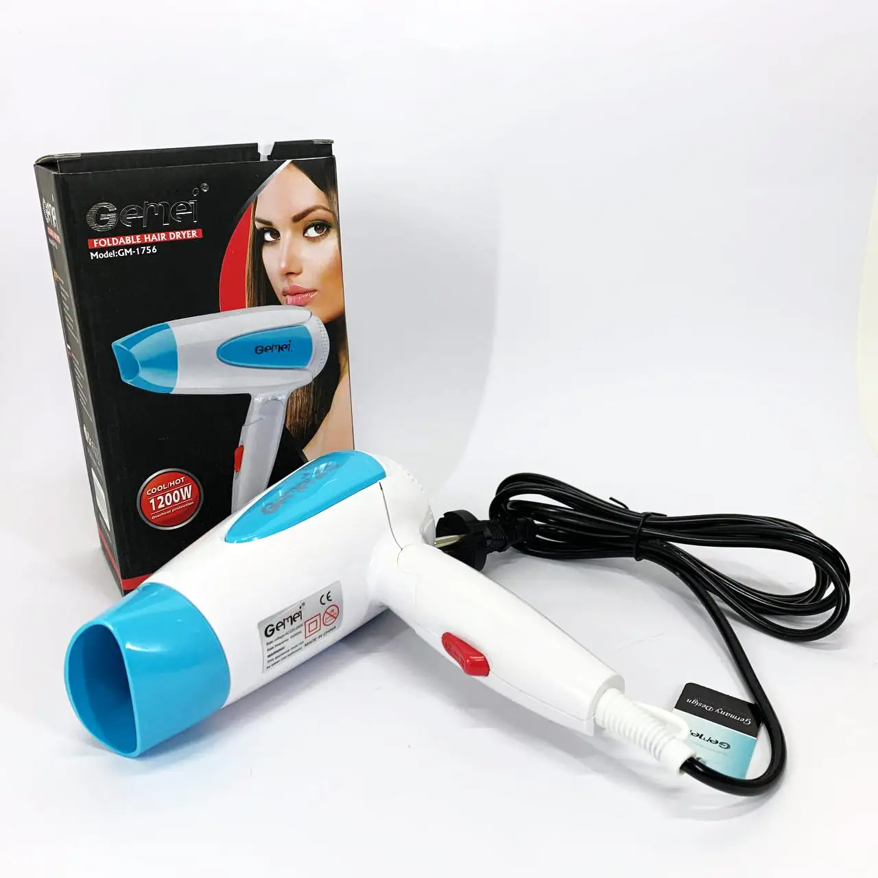 Фен дорожный Gemei GM-1756 1200 Вт складной с концентратором Голубой (ML-05272) - фото 3