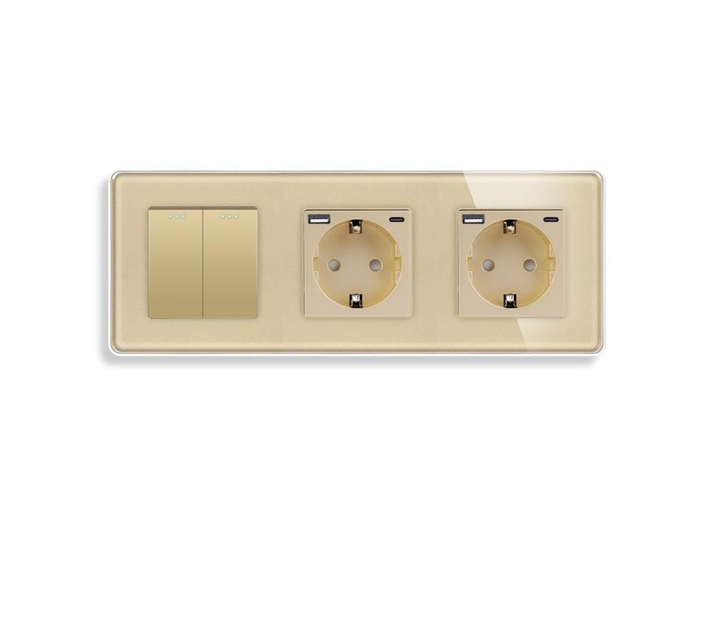 Выключатель проходной универсальный ELIOS 2-клавишный с двумя розетками USB A+C 20Вт с заземлением стекло Золотой