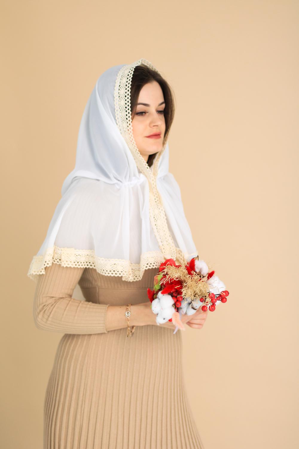 Палантин для храма на голову 80x120 см Белый (п007) - фото 2 Палантин для храма на голову 80x120 см Белый (п007) - фото 2