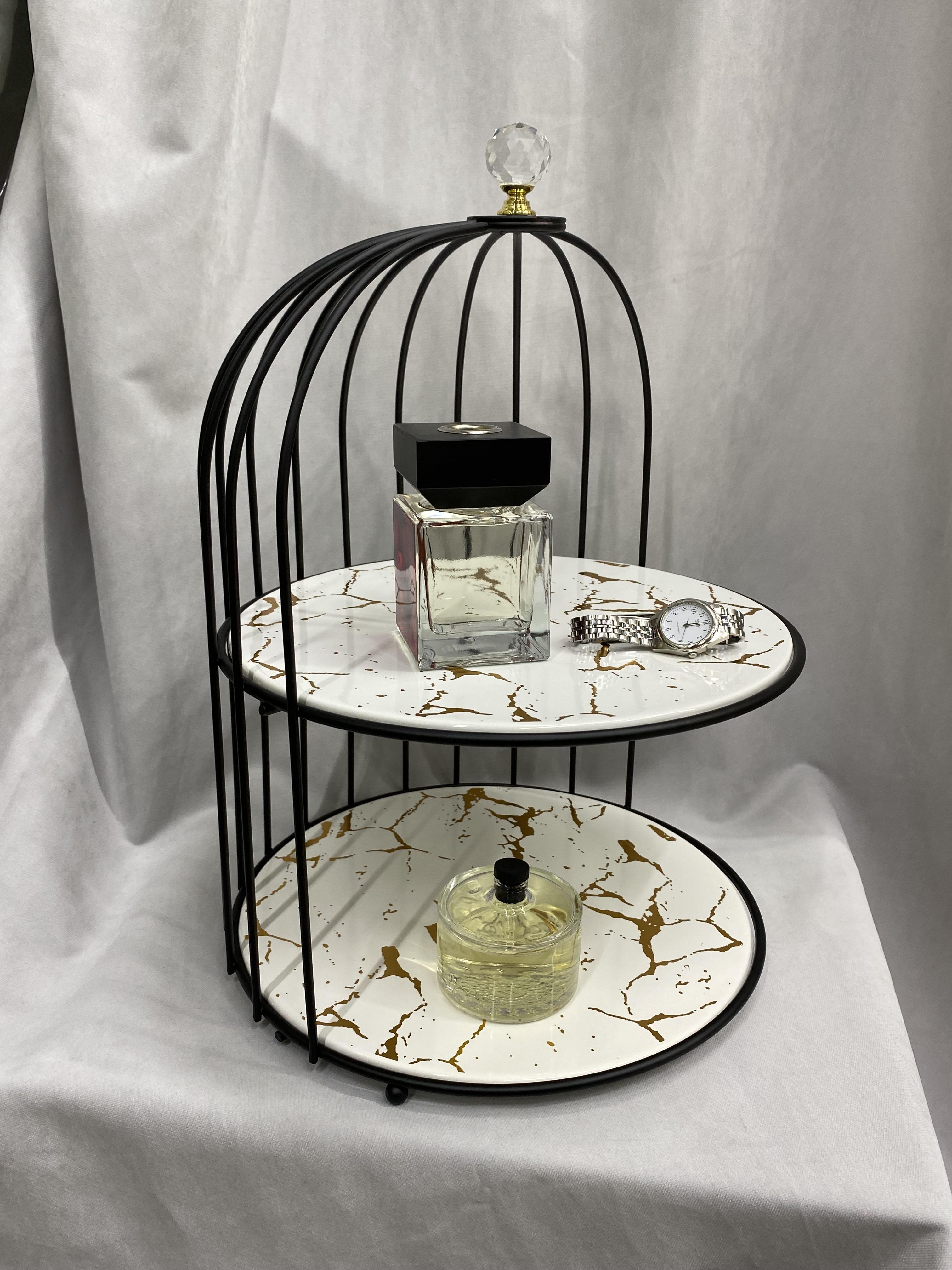 Підставка універсальна чорна дворівнева метал/порцеляна 25х38 см Білий/Золотий