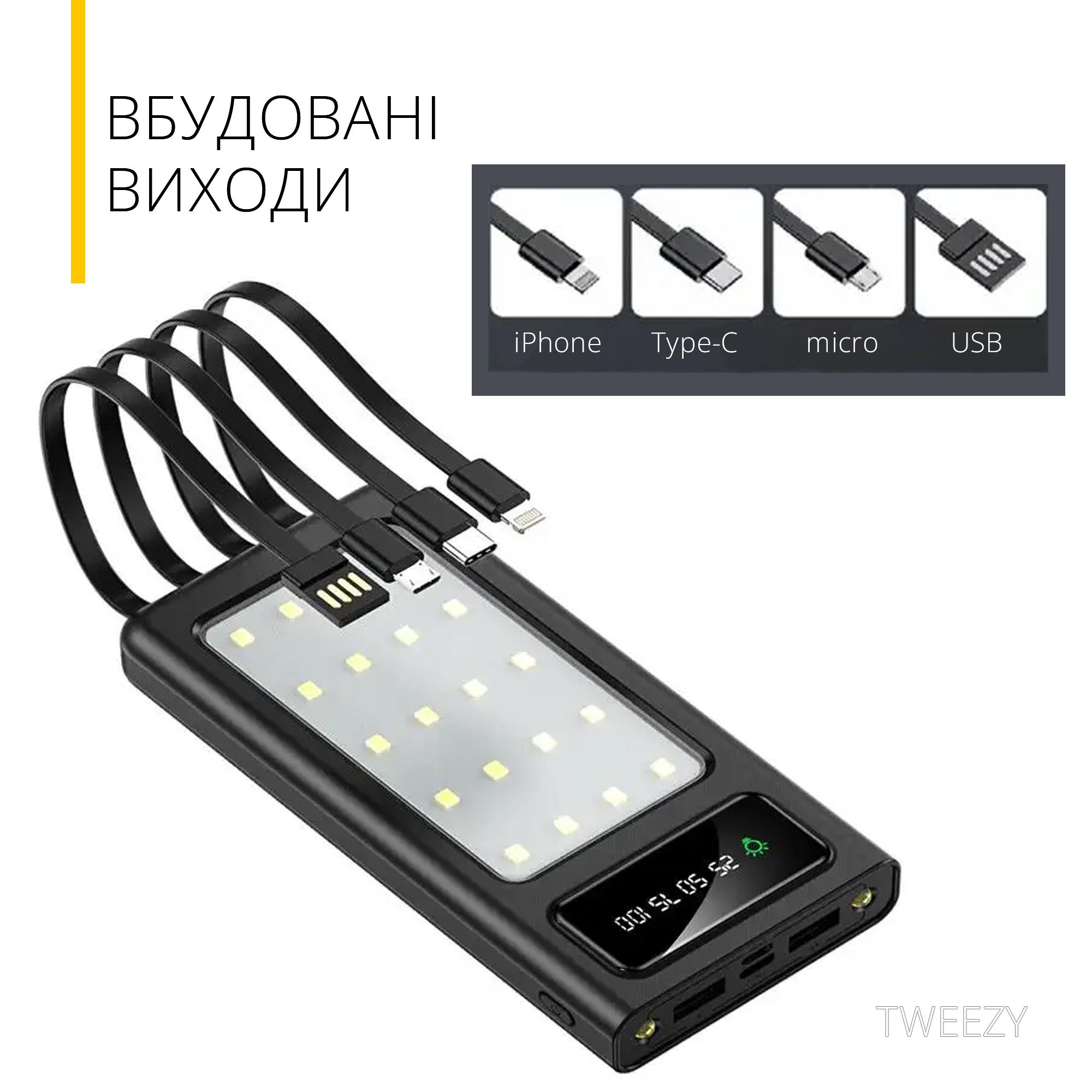 Зовнішній портативний акумулятор 20000 mAh із вбудованими перехідниками на 5 виходів та ліхтариком Чорний (00022) - фото 3