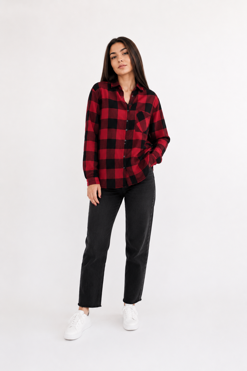 Рубашка женская Bershka 26127623 в клетку XS Красный (35393296)