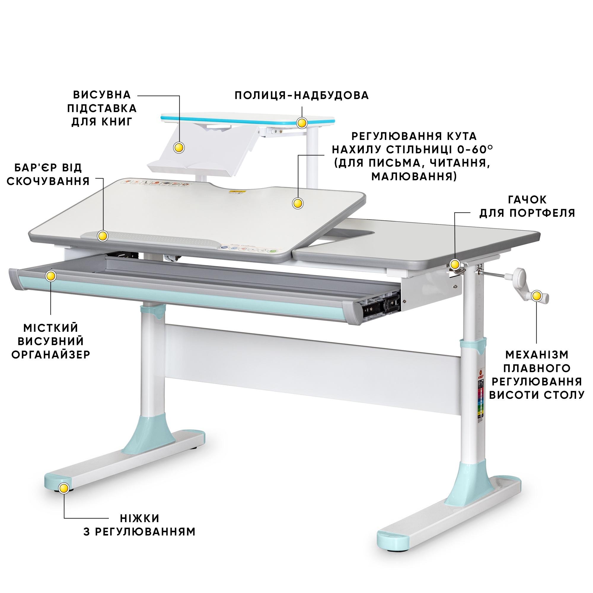 Парта школьная эргономичная детская трансформер Mealux Hamilton Multicolor с полкой S-50 Белый/Голубой (BD-680 W/G MC+BL+S50 WG) - фото 2