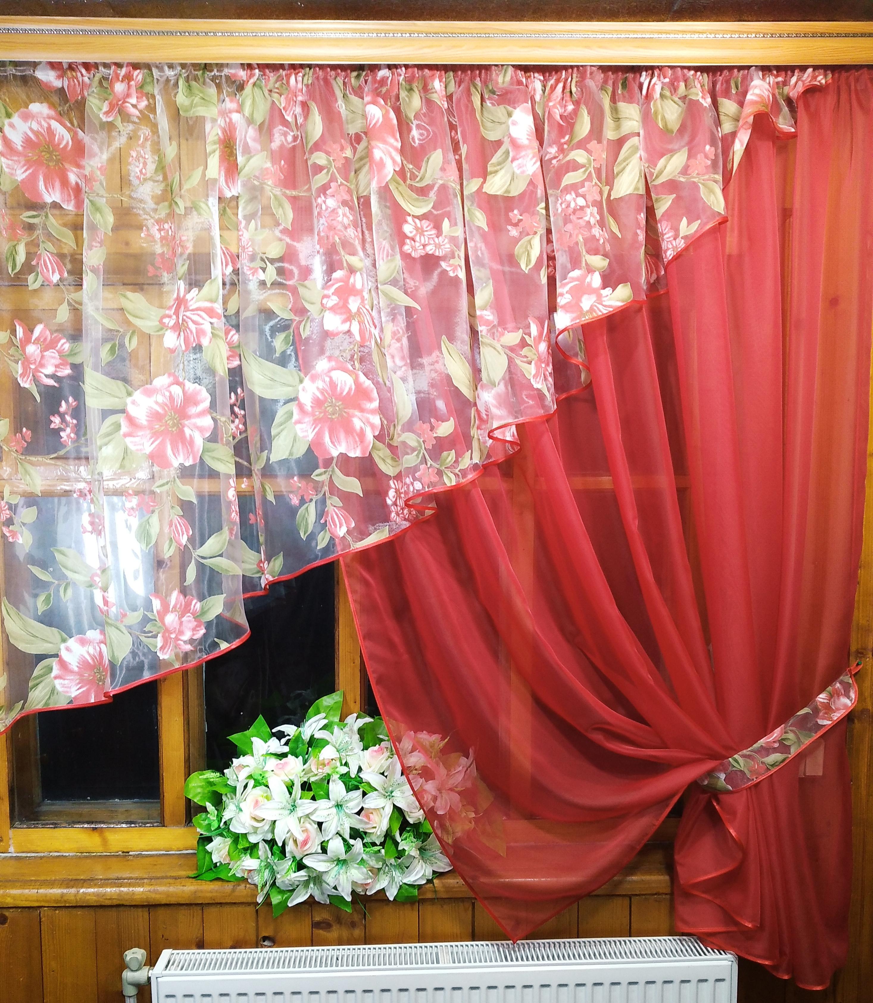 Занавеска кухонная короткая левая готовая Анжелика Красный/Яблочный Занавеска кухонная короткая левая готовая Анжелика Красный/Яблочный