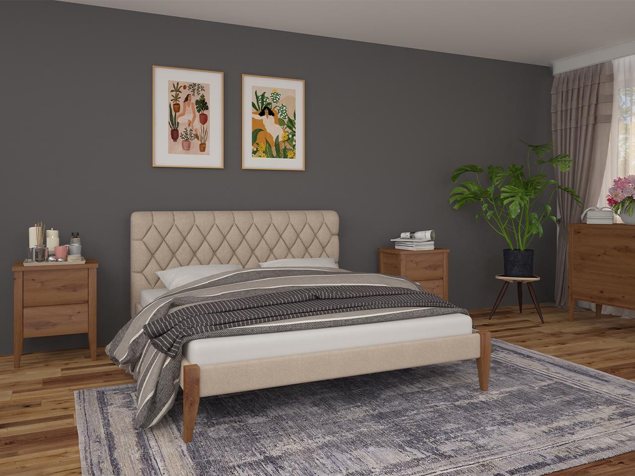 Кровать двуспальная MebiGrand Венеция ТК с мягким изголовьем Аляска 23 160x200 см Орех светлый/бежевый (51921)