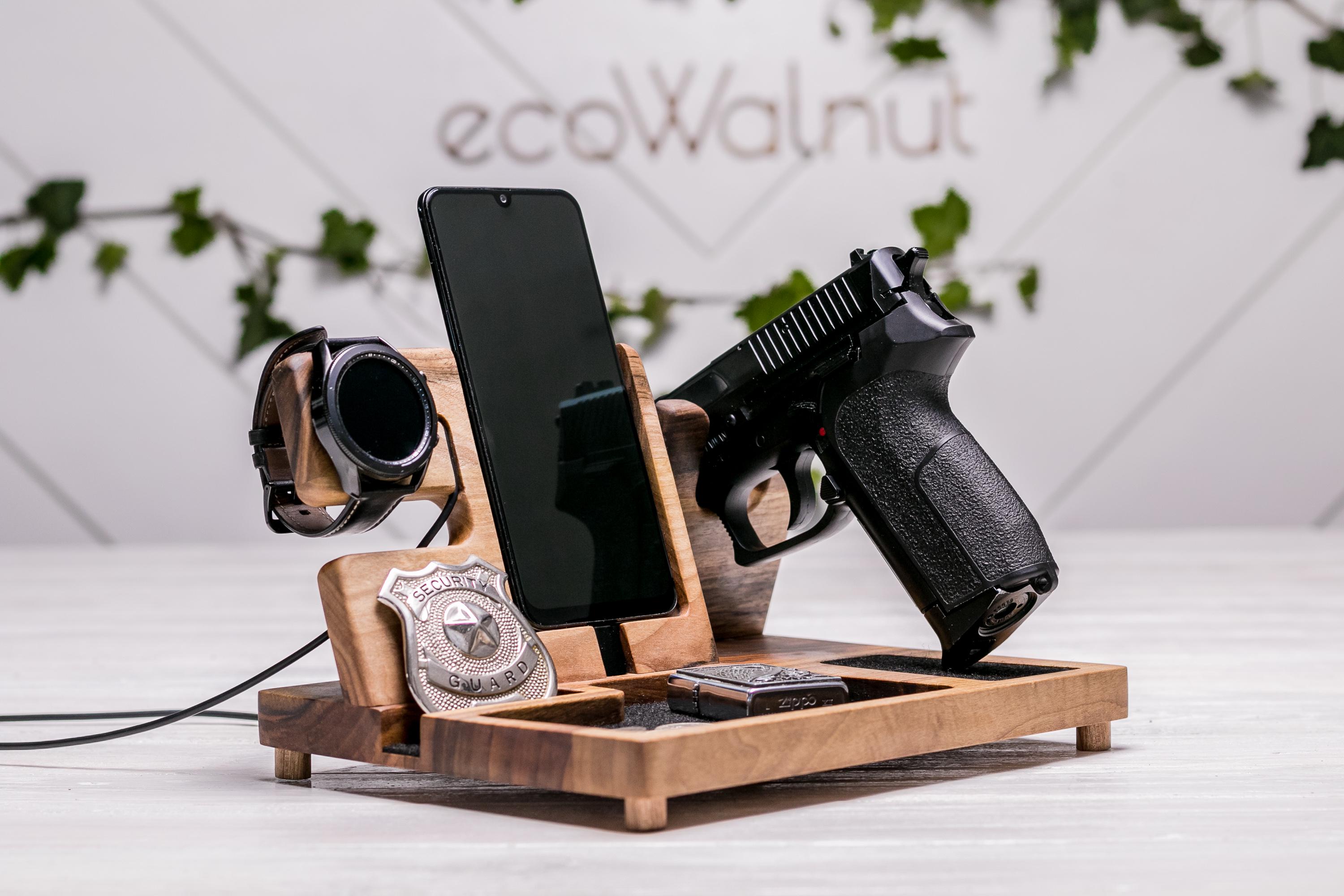 Органайзер EcoWalnut з дерева для пістолета/телефону та годинника Samsung на робочий стіл (EW-43.3) - фото 9