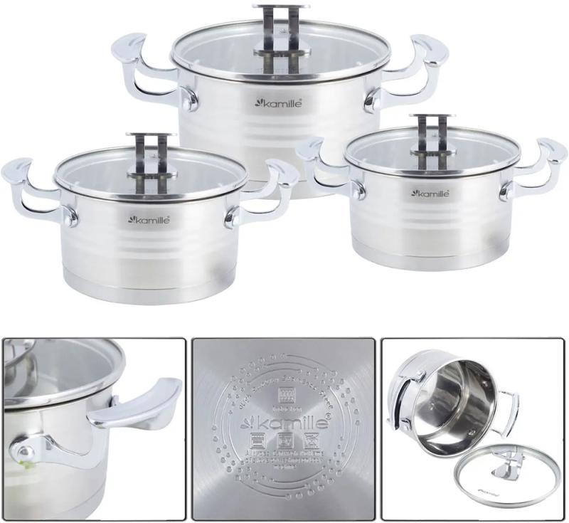 Набір каструль Kamille Casserote із нержавіючої сталі зі скляними кришками 1,7/2,4 /3,1 л - фото 2 Набір каструль Kamille Casserote із нержавіючої сталі зі скляними кришками 1,7/2,4 /3,1 л - фото 2