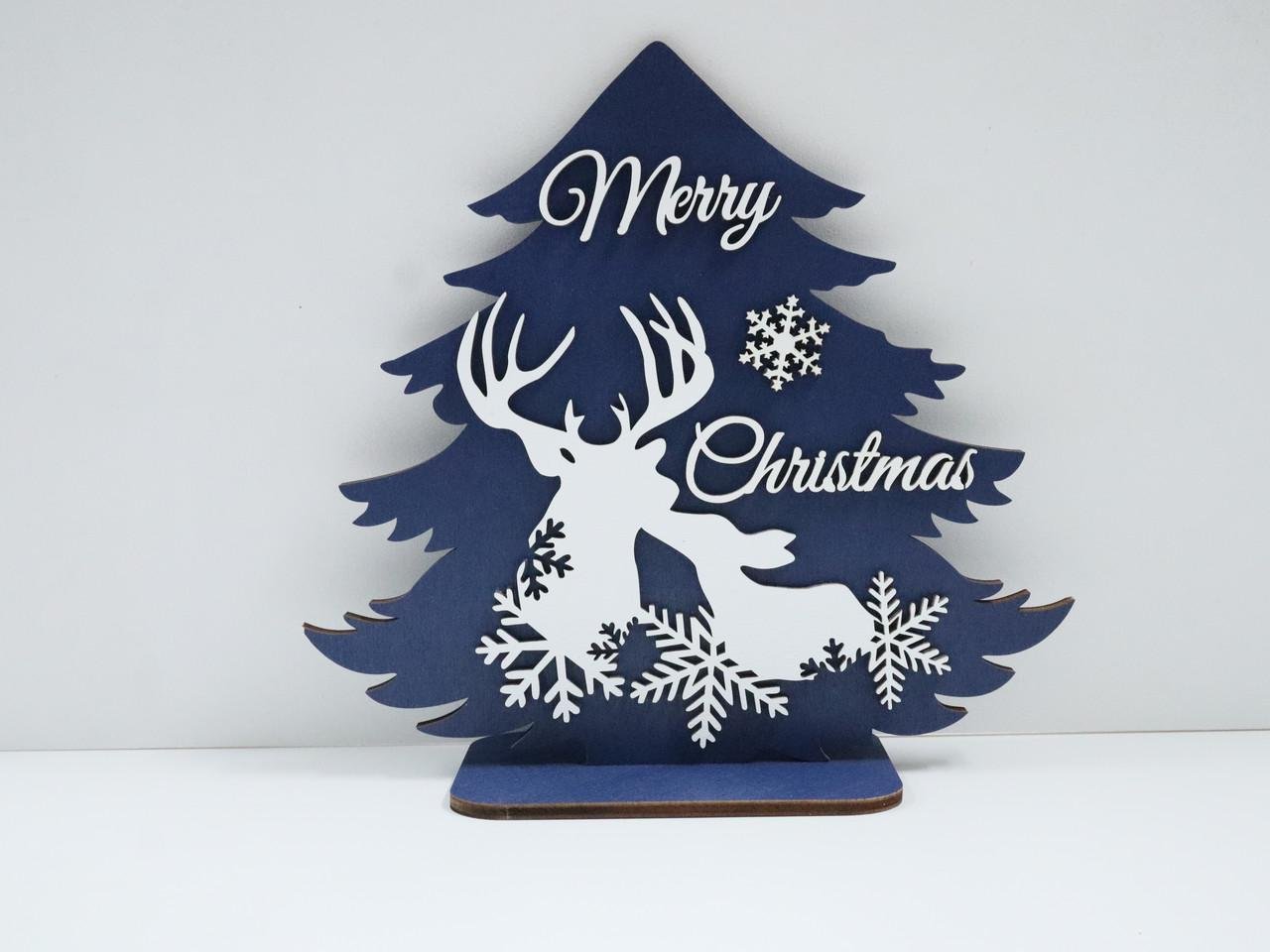 Деревянная новогодняя декорация Елочка с оленями Синий (1313329908)