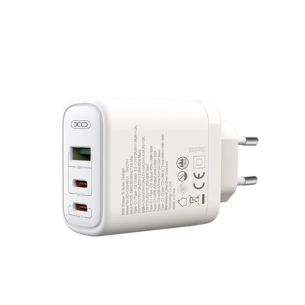 Зарядное устройство для сетевого питания XO CE04 PD65W+QC 45W Type-C/1USB зарядный блочок для телефона Белый (1830482335)