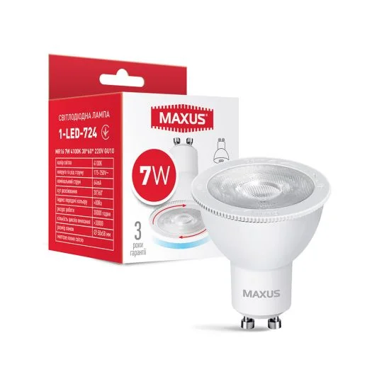 Лампа светодиодная Maxus 1-LED-724 MR16 7W 4100K 38х60 220V GU10 (22048910)