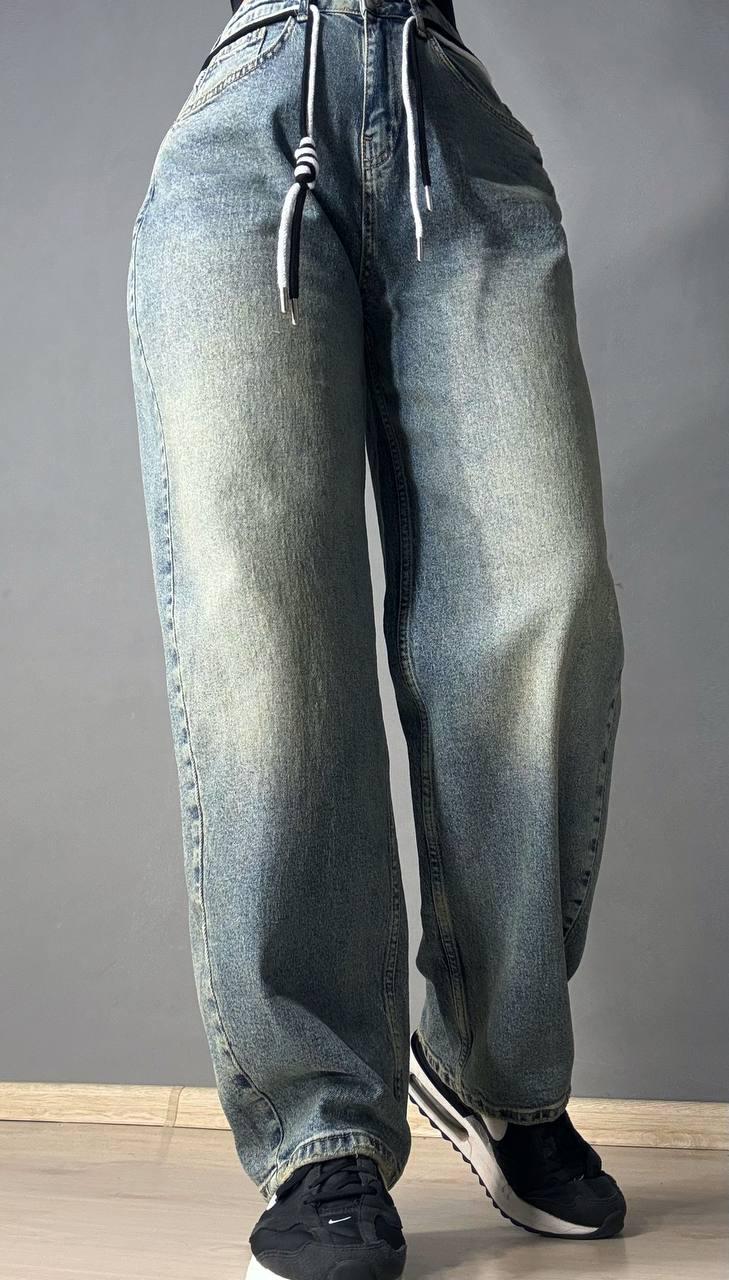 Джинсы женские Mikaletta 9521-1 SKATER оверсайз широкие с винтажным поясом Синий