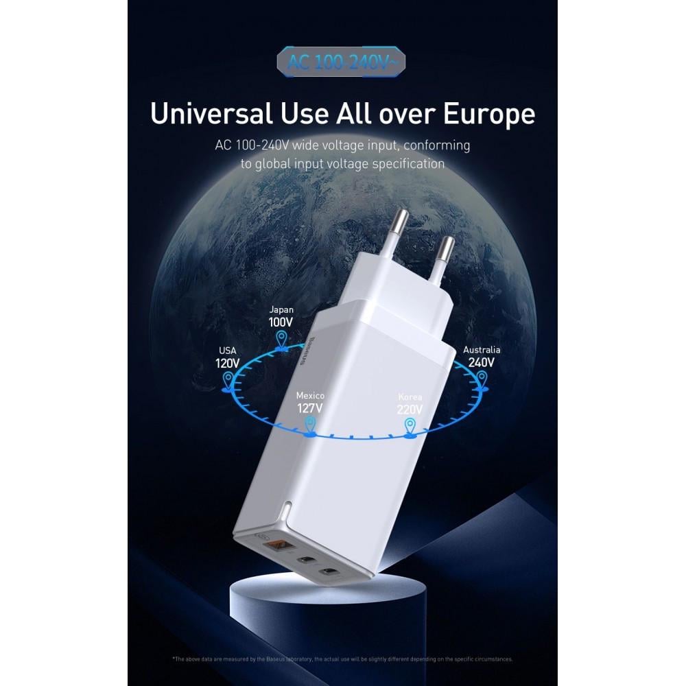 Зарядний пристрій мережевий Baseus GaN 2 pro 65W QC4.0/PD3.0 USB/2Type-C з кабелем White (25397367) - фото 3