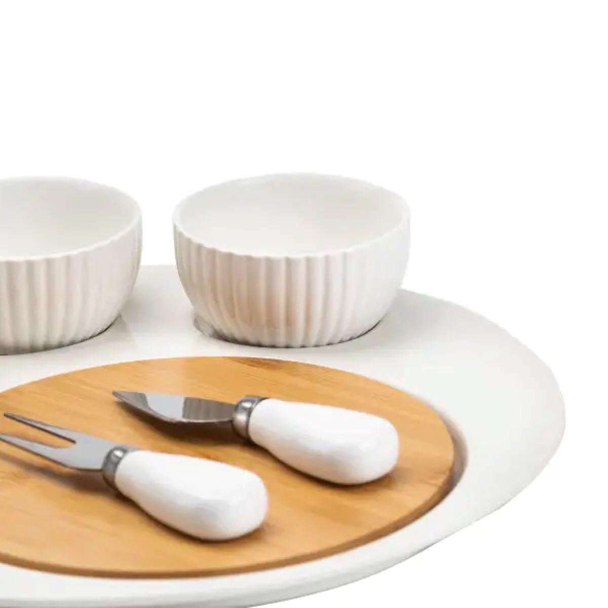 Набір для нарізки сиру керамічна тарілка/ніж/вилка/3 миски/дерев'яна дошка 29 см (4746) - фото 2 Набір для нарізки сиру керамічна тарілка/ніж/вилка/3 миски/дерев'яна дошка 29 см (4746) - фото 2