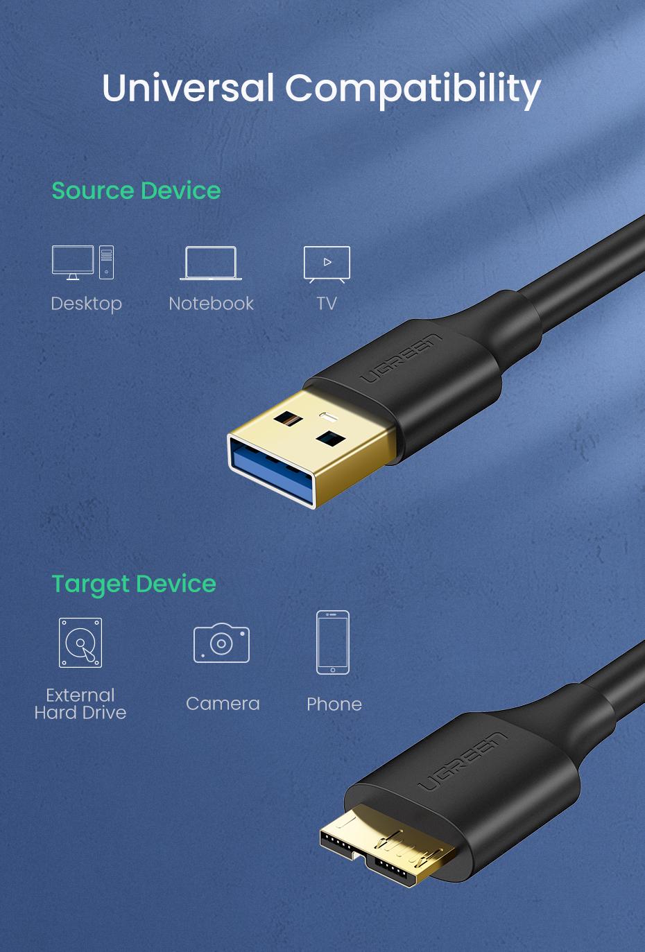 Кабель для жестких дисков UGREEN USB 3.0-Micro USB Type-B 5 Гбит/с USB 3.0 A на Micro-B 1 м Черный (10841) - фото 10