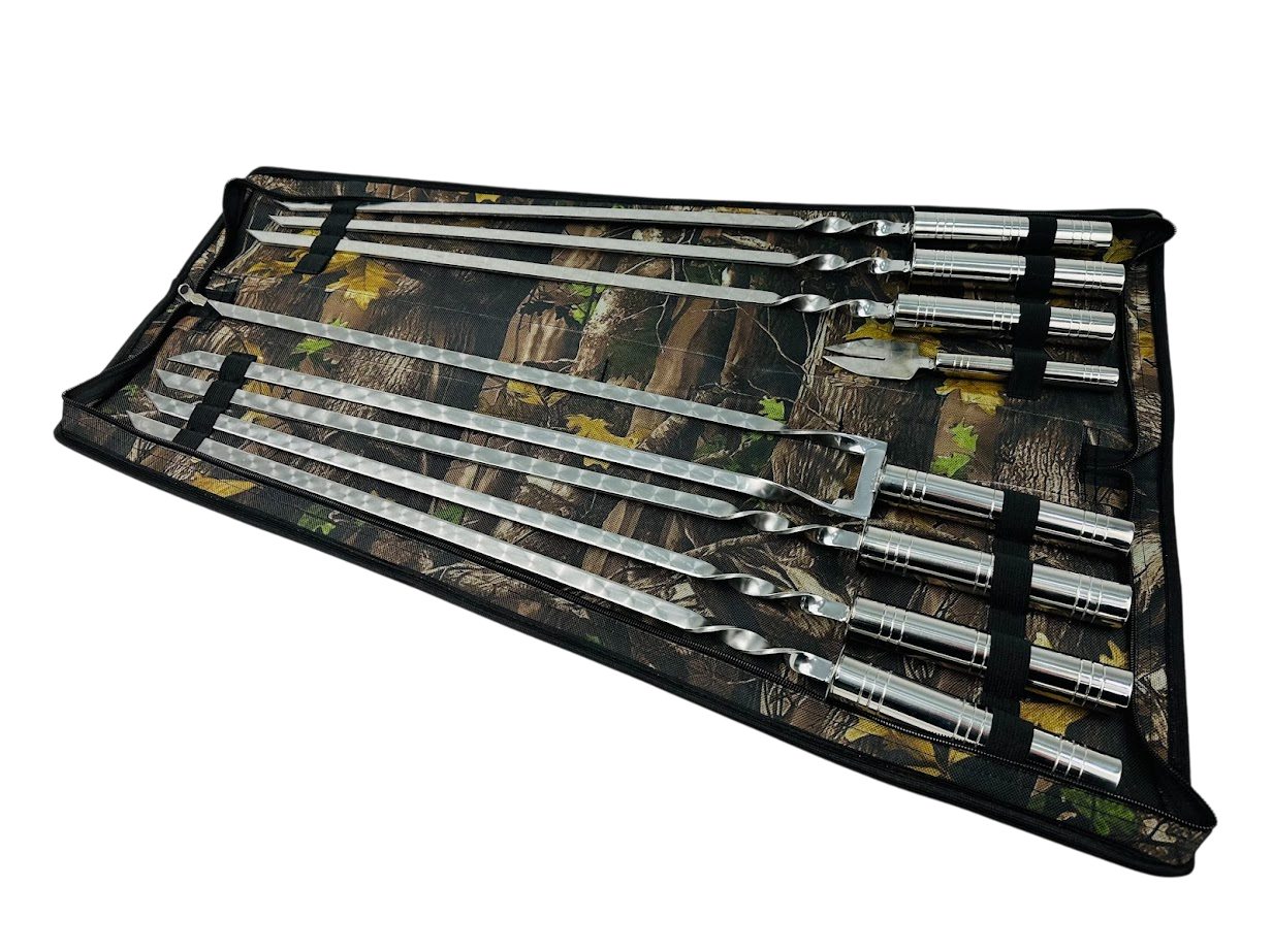 Набор комбинированных шампуров Серебро 8 предметов с вилкой и двойным шампуром 64 см Серебряный (124-10-NB-2281)