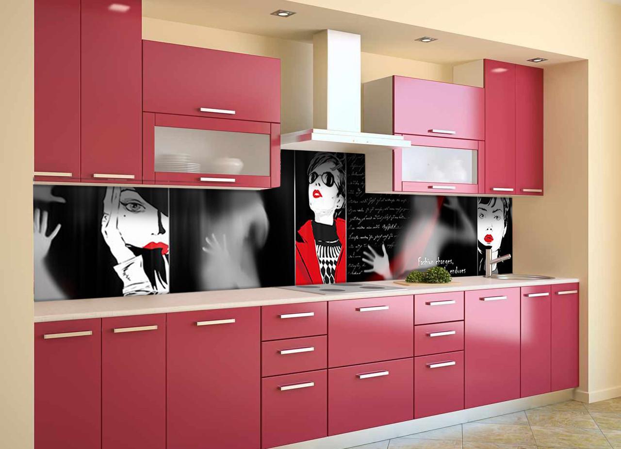 Кухонный фартук Девушка в красном из самоклеющейся виниловой пленки 60х250 см Черный