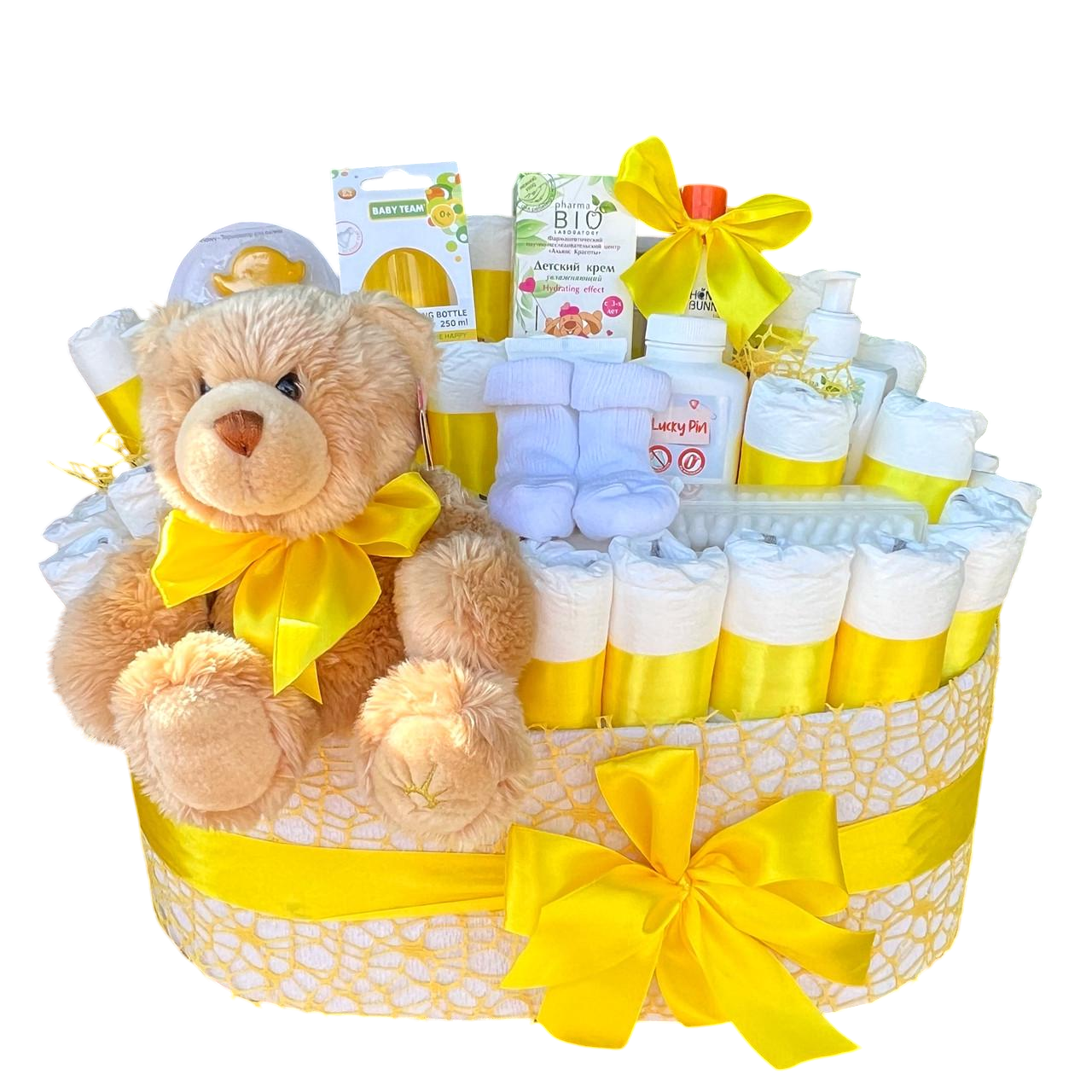 Букет для новонародженого в пологовий будинок з памперсів та косметики Жовтий (1861873195)