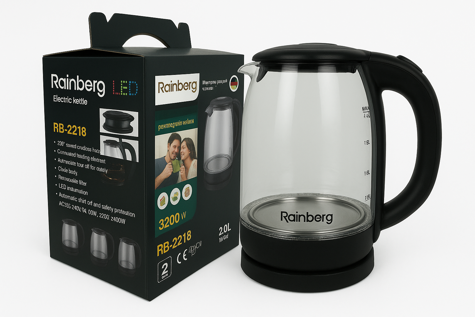 Электрочайник дисковый Rainberg RB-2218 стеклянный 3200 Вт 2 л Черный (ML-04614)
