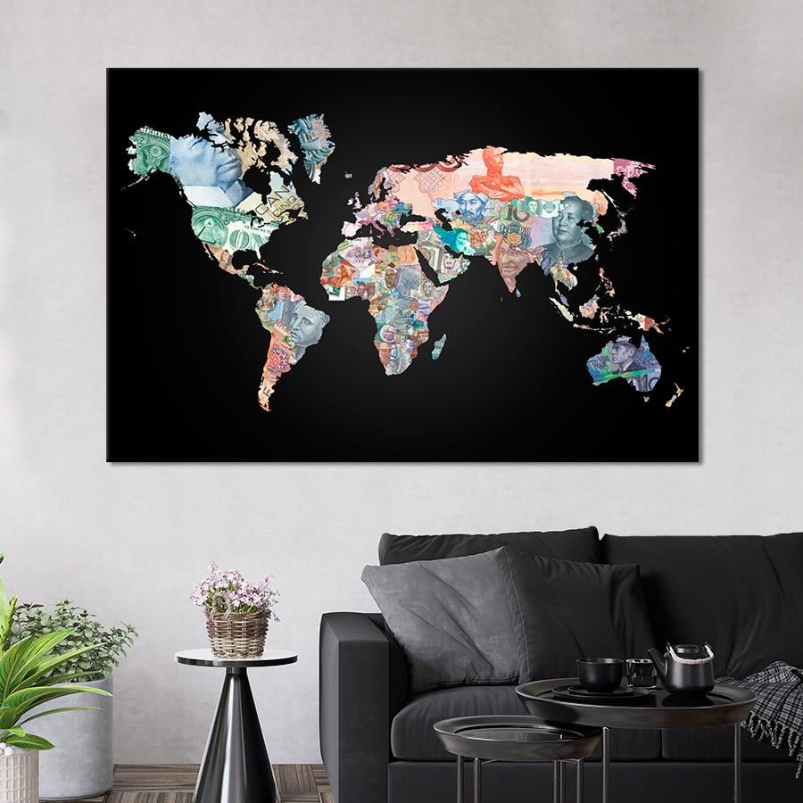 Картина карта Коллаж из денег Карта мира 120x80 см (A1364-1)
