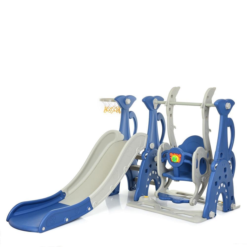 Детский игровой комплекс пластиковый Bambi WM19083A-4 2в1 горка с качелями и баскетбольным кольцом 148х120х180 см Синий (150-7-WM19083A-4)