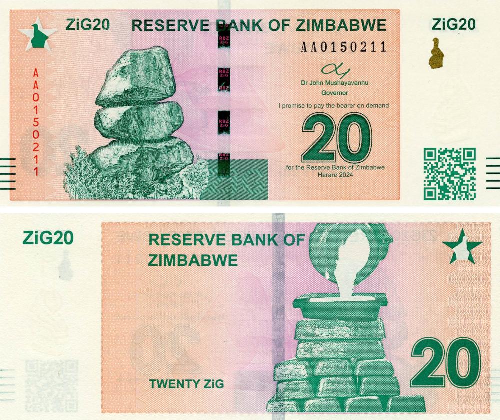 Коллекционная банкнота Зимбабве 20 зиг 2024 UNC Zimbabwe Gold (Pnew)