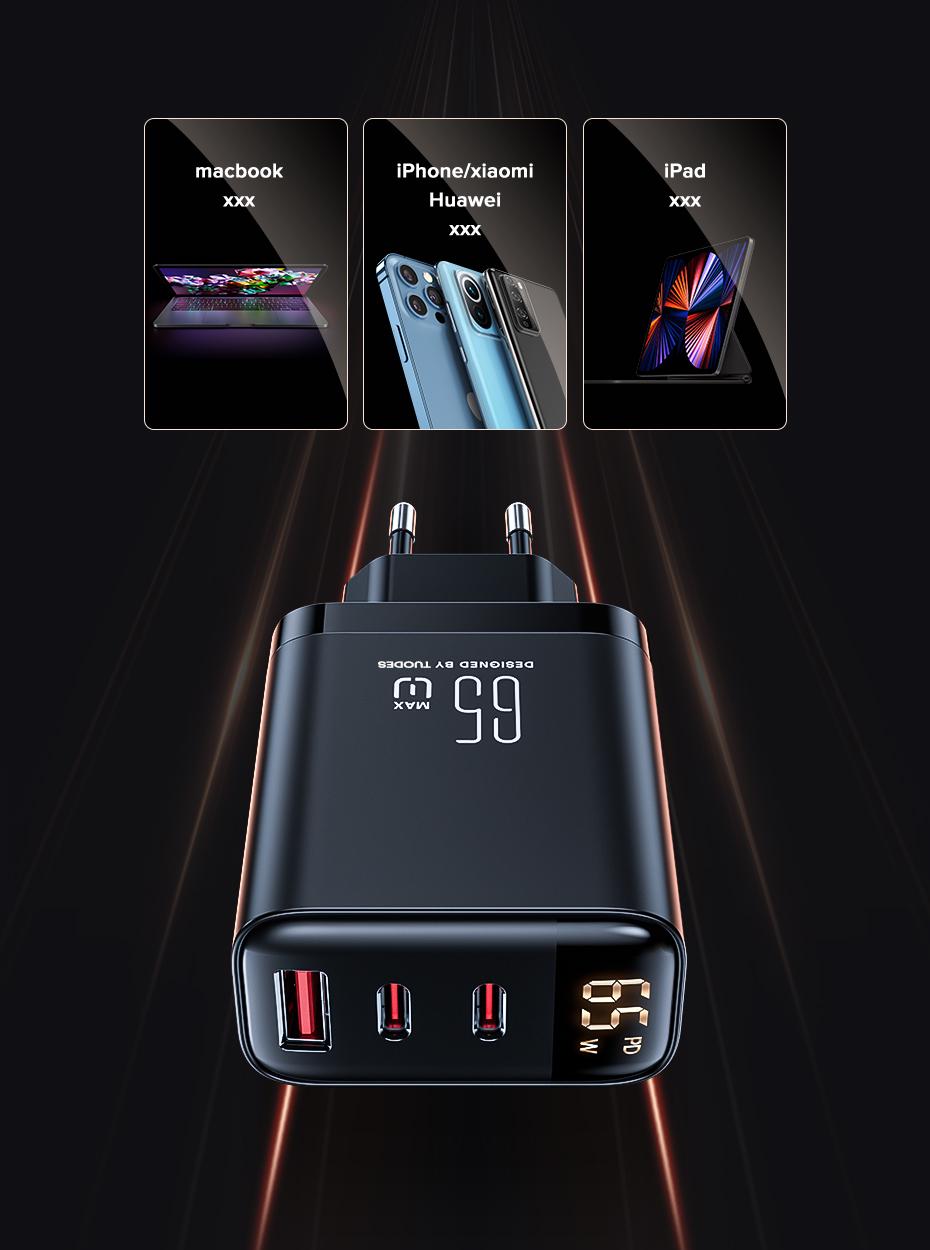 Зарядний пристрій TUODES 65w GAN PD 2xUSB-C+USB-A з дисплеєм (30807545) - фото 7 Зарядний пристрій TUODES 65w GAN PD 2xUSB-C+USB-A з дисплеєм (30807545) - фото 7