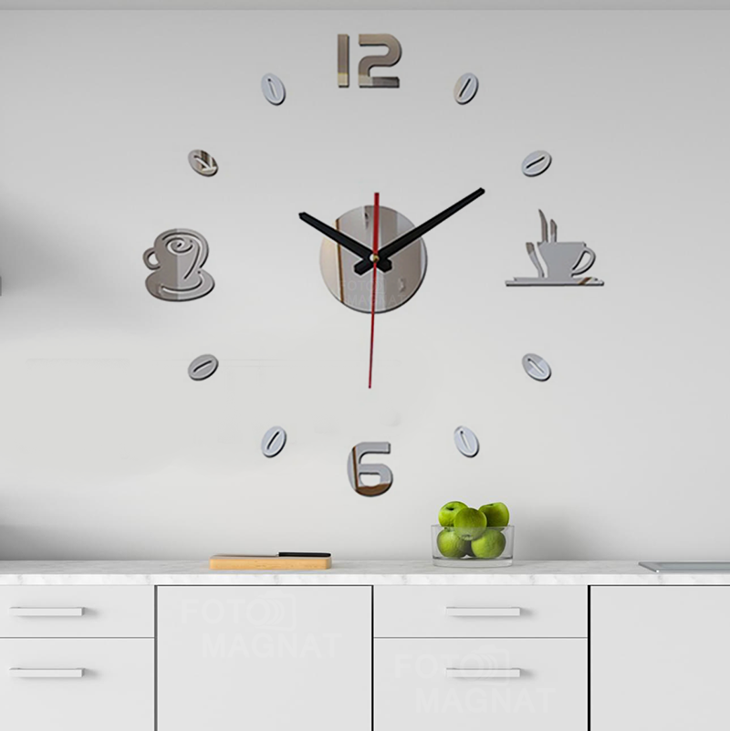 3D-часы настенные Coffee для кухни Зеркально-серебристый