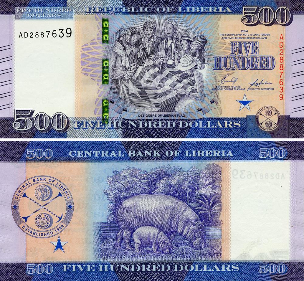 Коллекционная банкнота Либерия 500 долларов 2024 UNC Бегемот Гиппопотам PW42 (Б25034)