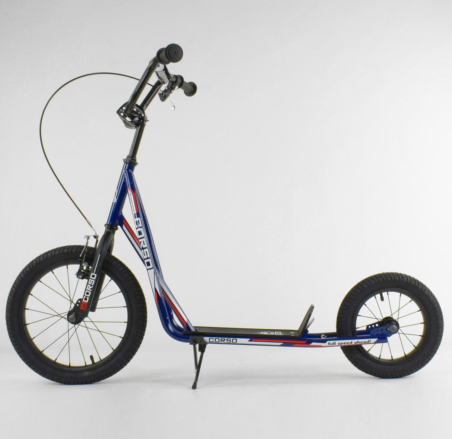 Самокат детский Corso надувные колеса переднее 16«/заднее 12» ручное переднее тормоз Dark Blue (86803)
