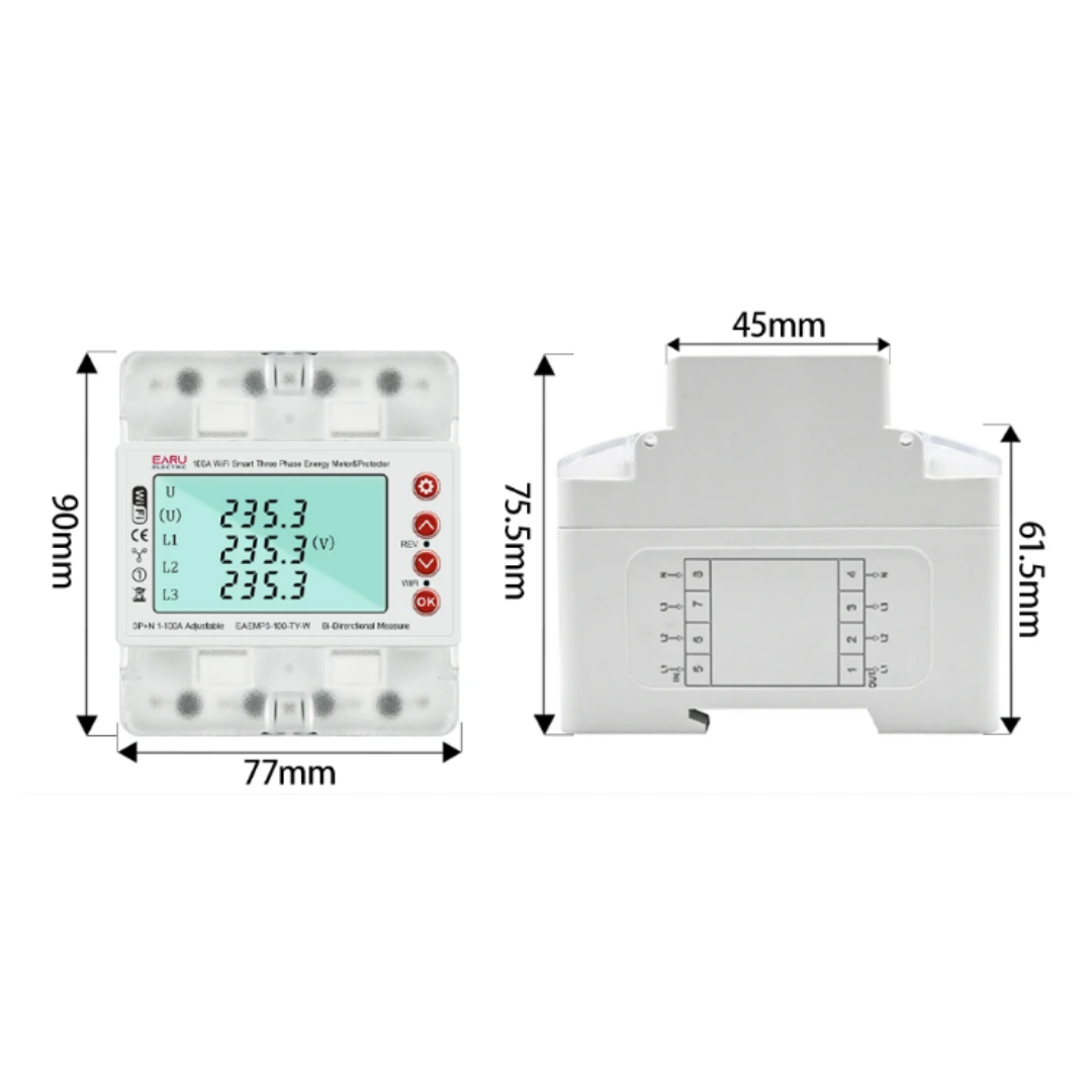 Розумний Wi-Fi автомат захисту двонаправлений лічильник EARU EAEMP3-100-TY-W 3-фазний/380 В/100 А Білий (1007) - фото 2