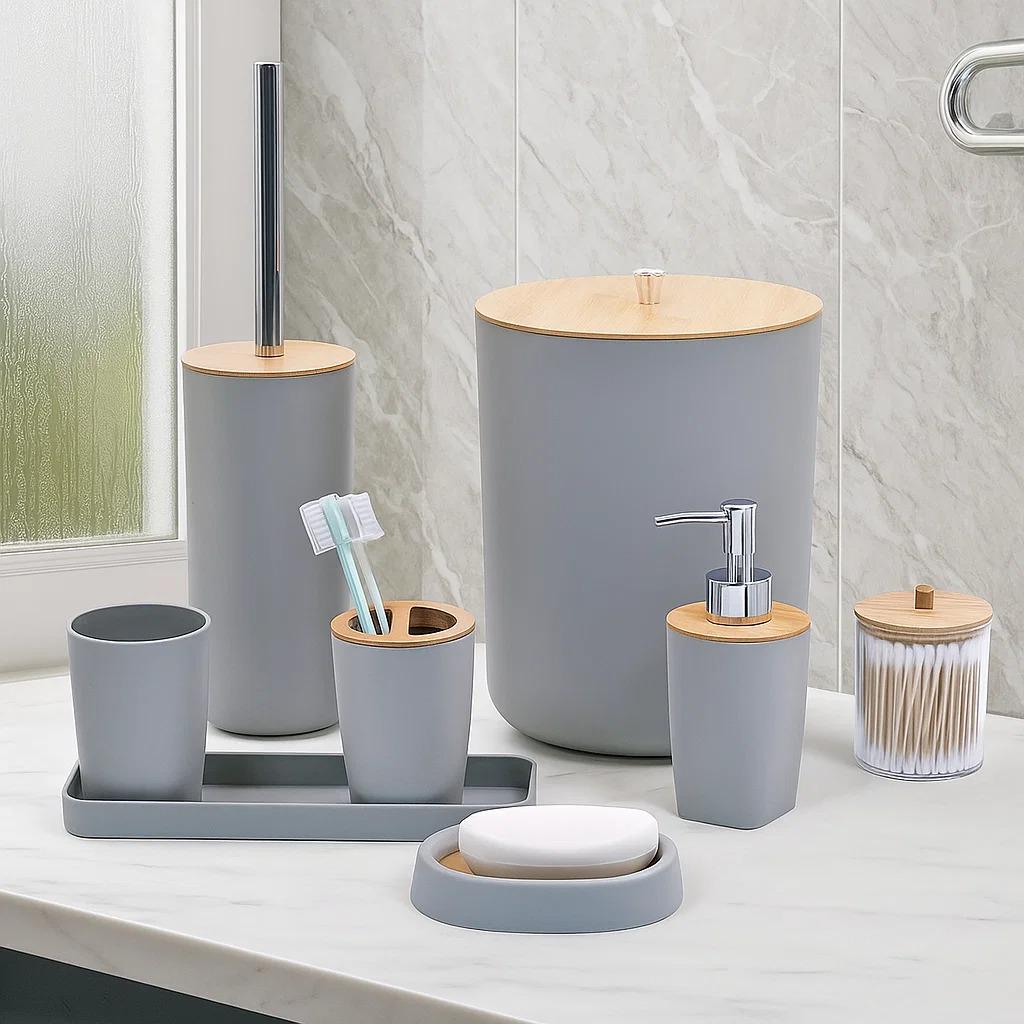 Набор аксессуаров для ванной комнаты и душа 8в1 ведро дозатор для мыла мыльница стаканы и аксессуары Серый