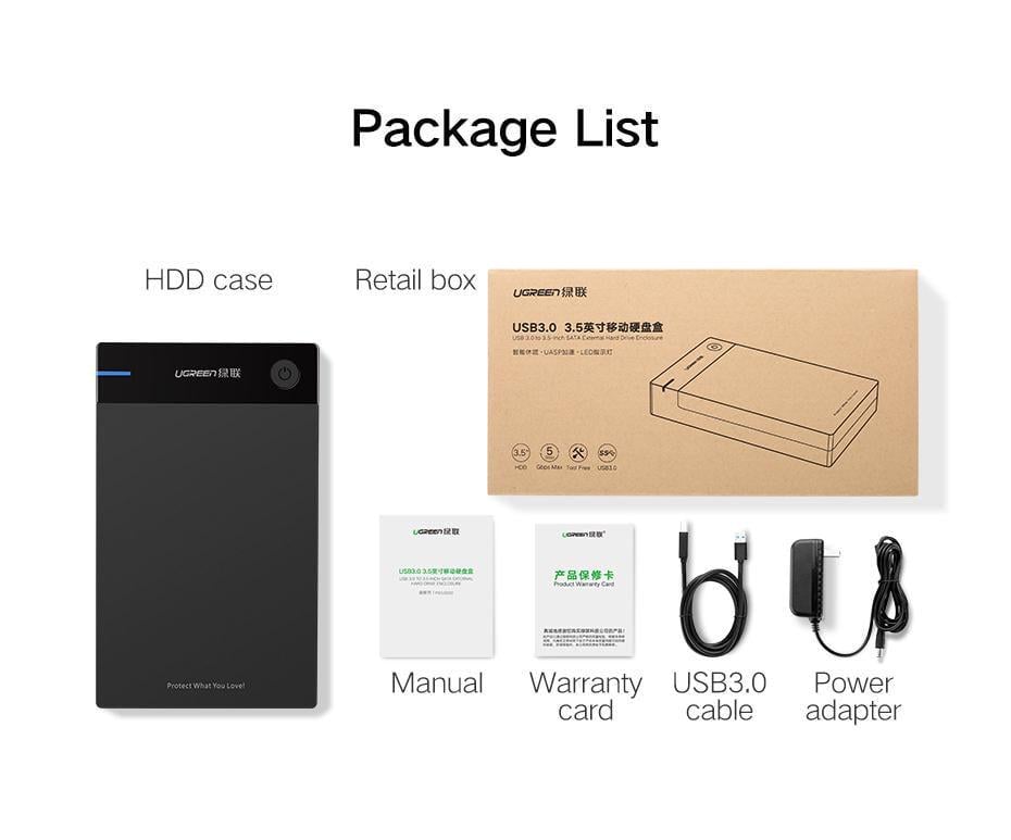 Корпус UGREEN для SSD/HDD 3,5 и 2,5 дюймовых/5 Гбит/с USB 3.0 до SATA III с кабелем USB-Micro-USB Type-B 3.0 Micro-B Черный (50422) - фото 8