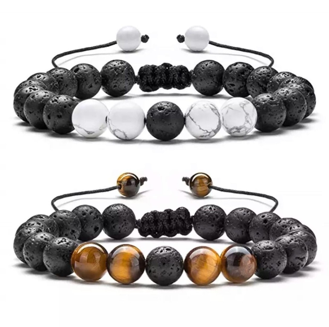 Браслети парні з тигрового ока лавового каменю та кахолонгу на затяжках р. 16 (17896782)