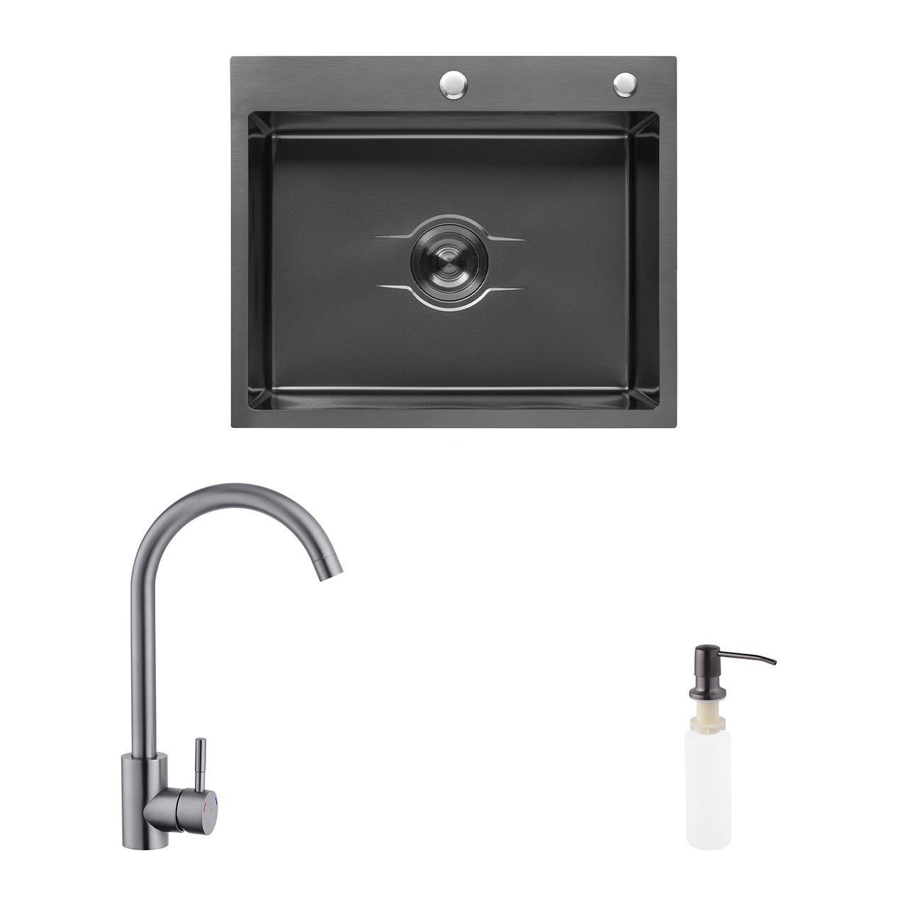Комплект кухонная мойка Kroner Derby-6050HM PVD/смеситель Edelstahl Klassisch-SCH035PVD/дозатор Spender-026 (2669564686)