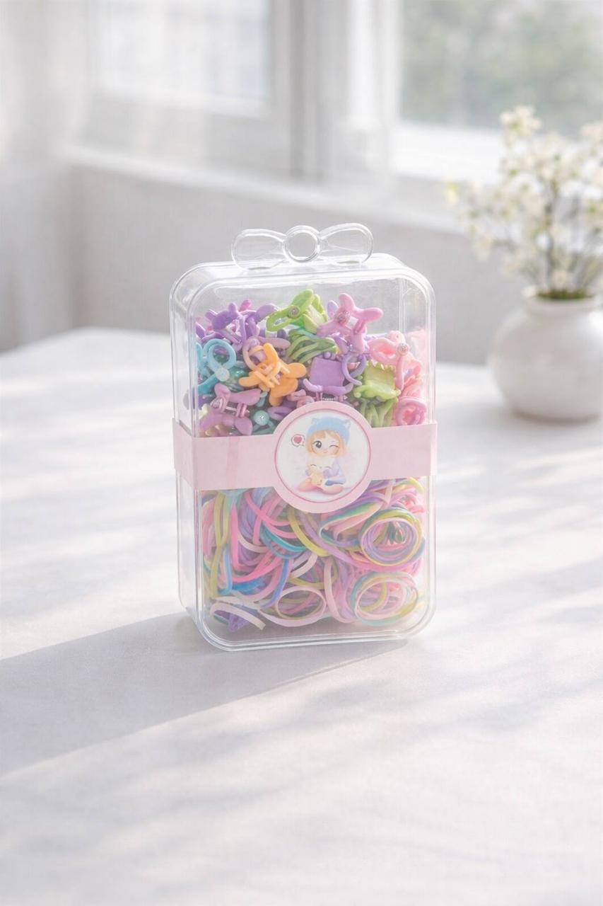 Набор аксессуаров для волос миникрабики и эластичные резинки в боксе Разноцветный (2905901477)