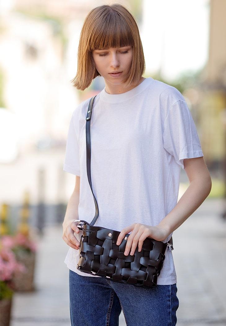 Женская сумка кожаная плетеная Пазл S Угольно-черный (A-026650)