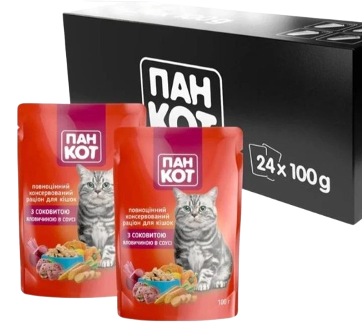 Корм влажный для кошек Пан Кот говядина в соусе пауч 100 г по 24 шт. (32) - фото 2