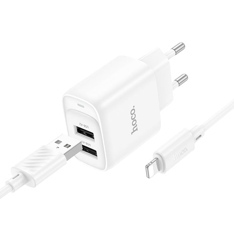 Зарядное устройство для телефонов с кабелем Hoco C141A Smart dual-port charger set iP White (24672)
